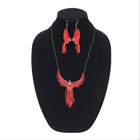 Handcrafted Beaded Cardinal Red Bird Necklace and Earrings Great Gift - Picture 1 of 13